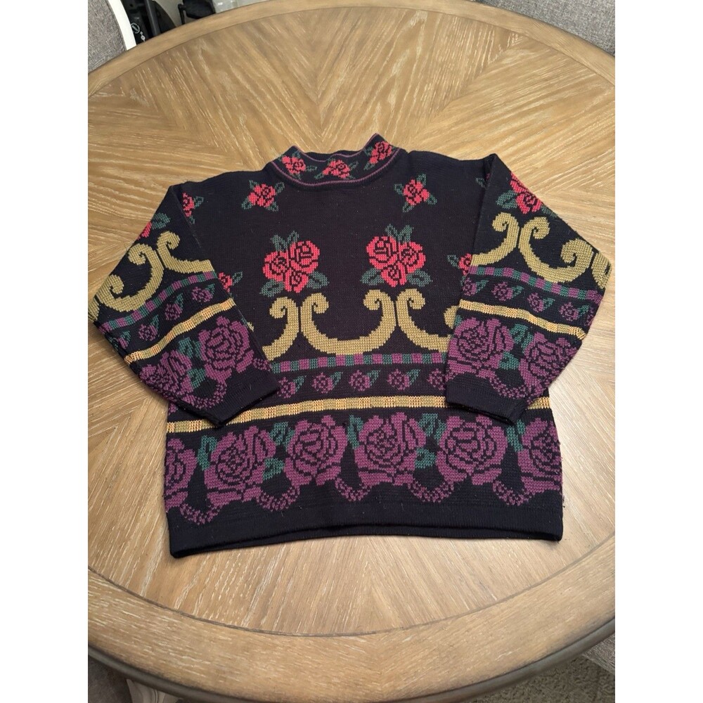Vintage Erika 100% Acrylic Sweater Women’s Medium - Black With Roses